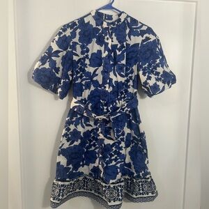 Joie Blue and White Puff Sleeve Mini Floral Shirt Dress With Belt